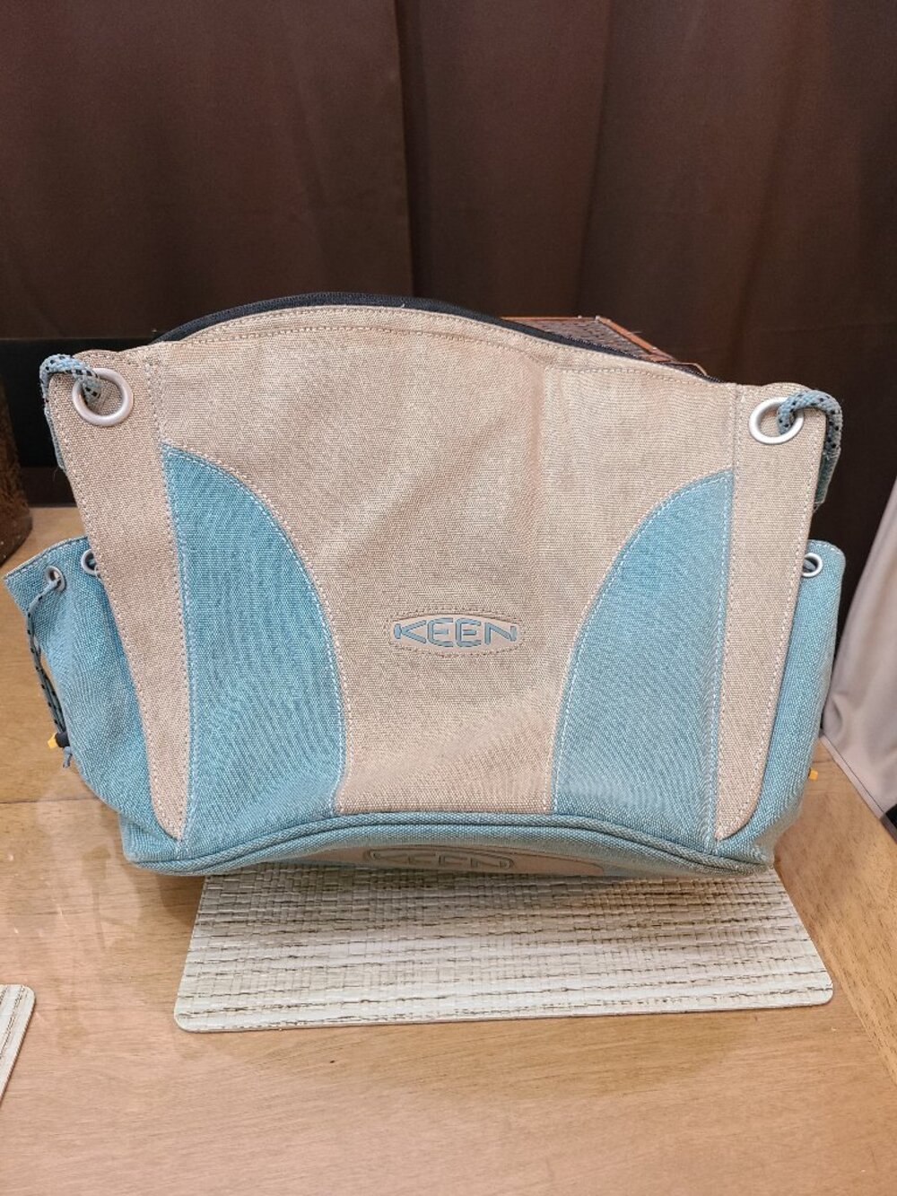 KEEN Hybrid Transport Canvas Color Block Large Tote Bag Light Teal Green & Tan